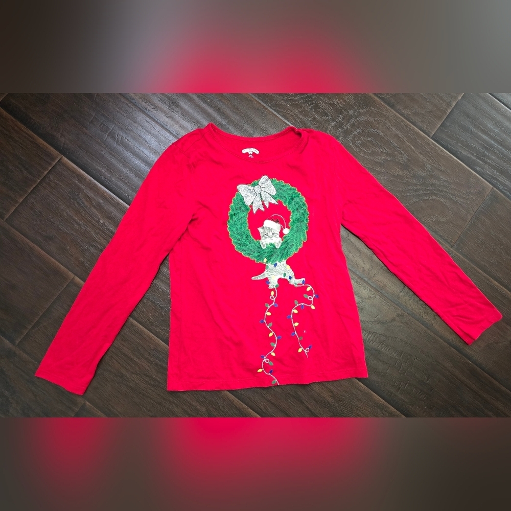 Holiday Time Girls Red Long Sleeve Christmas Wreath Cat Tee Large